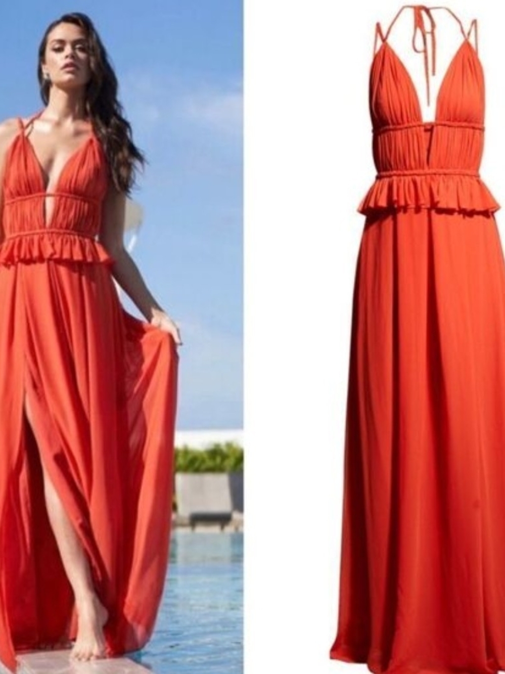 Dress the Population Orange Poppy Athena Ruffle Waist Maxi Dress